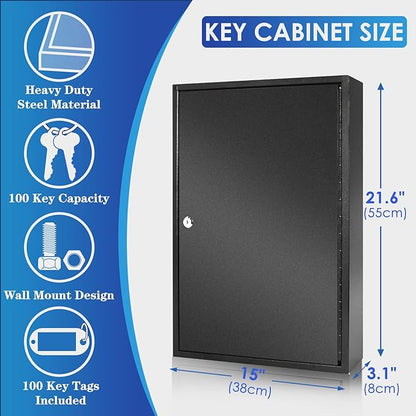 ORIENTOOLS Key Box 100 Position Steel Key Safe Cabinet, Wall Mount Key Holder Lock Box with Key Tags, Key Organizer Ideal for Home, Hotels, Valets and Office Key Storage, Black