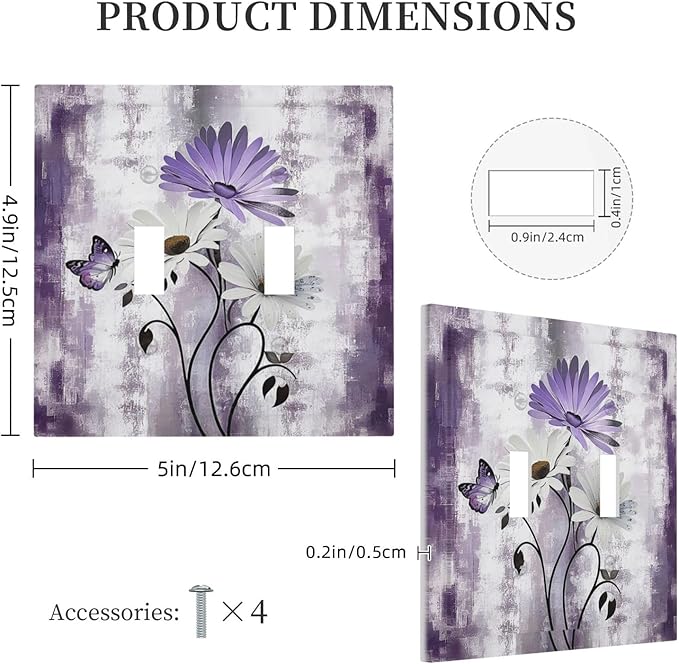 Purple Daisy White Floral Butterfly Flowers 2 Gang Double Toggle Light Switch Cover Decorative Switchplate Electrical Wall Plates Faceplate for Bathroom Bedroom Decor 4.9 X 5 IN