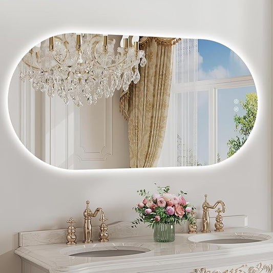 48"x24" Oval Led Mirror for Bathroom, Frameless Vanity Mirror with Lights, Modern Lighted Bathroom Mirror Wall Mounted, Anti Fog Smart Mirror with 3 Colors Dimmable, Vertical/Horizontal