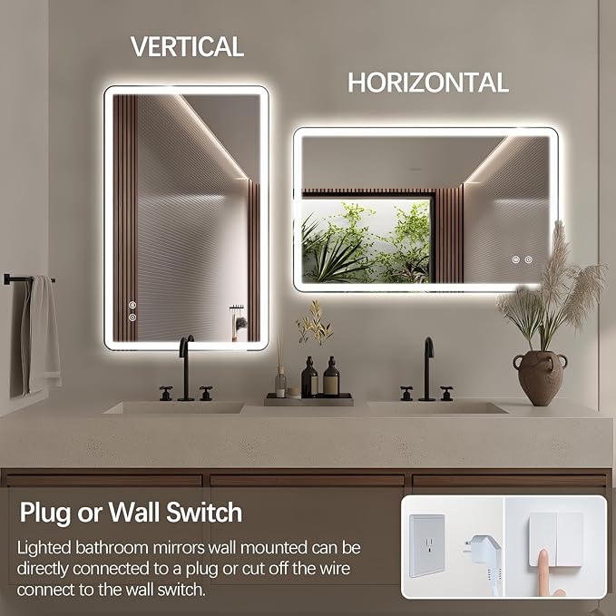 Niccy Led Mirror for Bathroom, 32"x20" Frameless Frontlit and Backlit Mirror for Wall Lighted Mirror with Bedroom 3 Color, Defogger, Explosion-Proof, HD Glass, IP65 Vanity Mirror Horizontal/Vertical