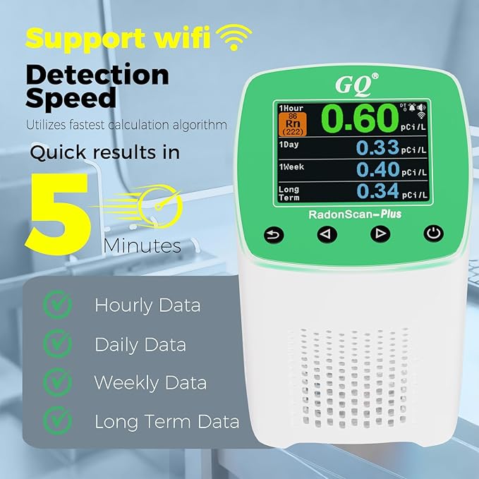 GQ RadonScan-Plus Radon Gas Digital Detector Worldwide Remote Monitoring Fast Accurate Detection Simple Color Display USA Design Real-time Data App Data Logging & Sharing
