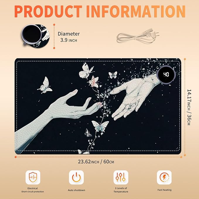 Heated Mouse Pad 23.6 x 14 in 3-Temp Fast Heating Desk Mat with Auto Timer Warmer for Hands Wrist Pain Relief Waterproof Keyboard Mat for Office, Gaming, Home, Butterfly Hands Art