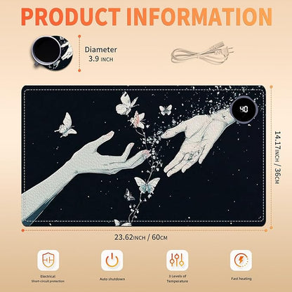 Heated Mouse Pad 23.6 x 14 in 3-Temp Fast Heating Desk Mat with Auto Timer Warmer for Hands Wrist Pain Relief Waterproof Keyboard Mat for Office, Gaming, Home, Butterfly Hands Art