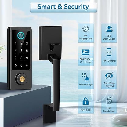 Fingerprint Door Lock with Handle Sets, BEBASIA Keyless Entry Door Lock, Bluetooth Front Handle Set, Smart Deadbolt, Electronic Keypad Digital Lock with Handle, Black