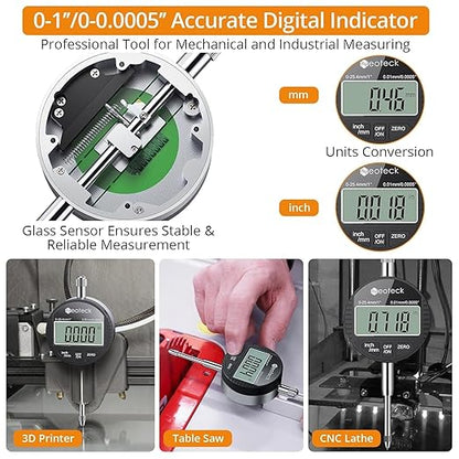 Neoteck Digital Dial Indicator Gauge and Magnetic Base Set with Storage Case 0-1 inch/25.4mm,0.01mm/0.0005" Inch/Metric Conversion Measuring Tool for 3D Printer Lathe Workshop CNC Machine-Black