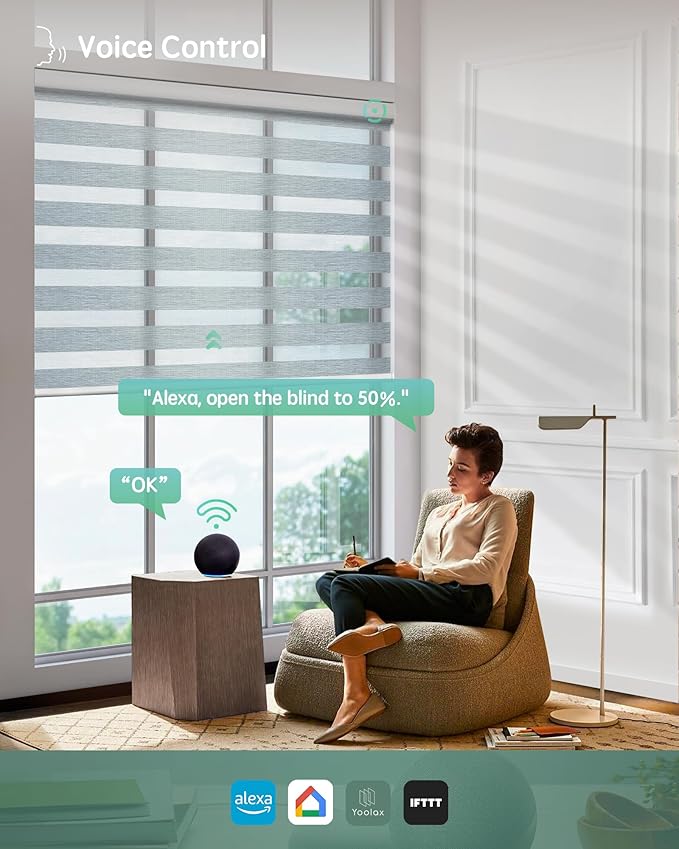 Yoolax Motorized Blinds with Remote, Electric Zebra Blinds for Indoor Windows, Room Darkening Smart Shades with Voice Control, Compatible with Alexa Google Home, APP Control, 52" W x 72" H, Grey