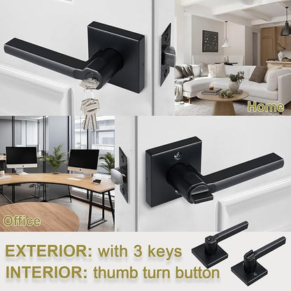 Keyed Entry Door Lever with Lock, Heavy Duty Square Interior Handle for Front Door and Office, Matte Black, Reversible for Right&Left Handed, 15Packs