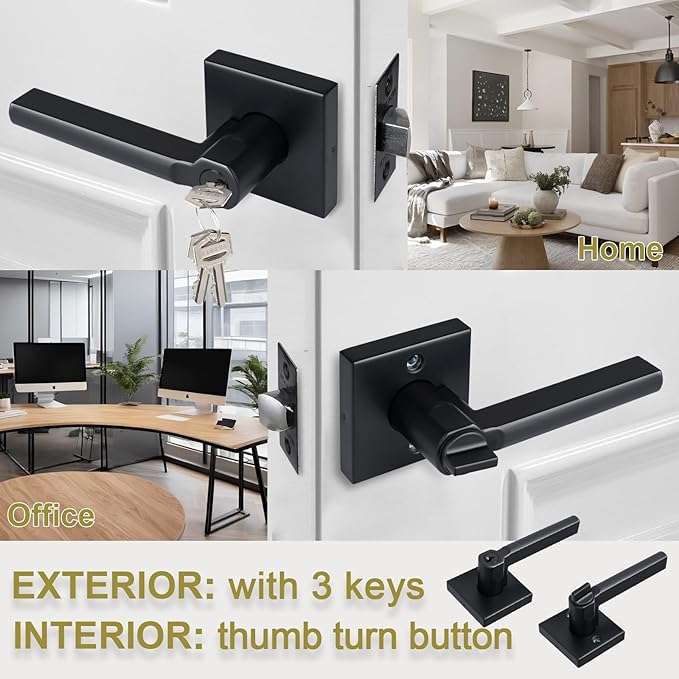 Keyed Entry Door Lever with Lock, Heavy Duty Square Interior Handle for Front Door and Office, Matte Black, Reversible for Right&Left Handed, 6Packs