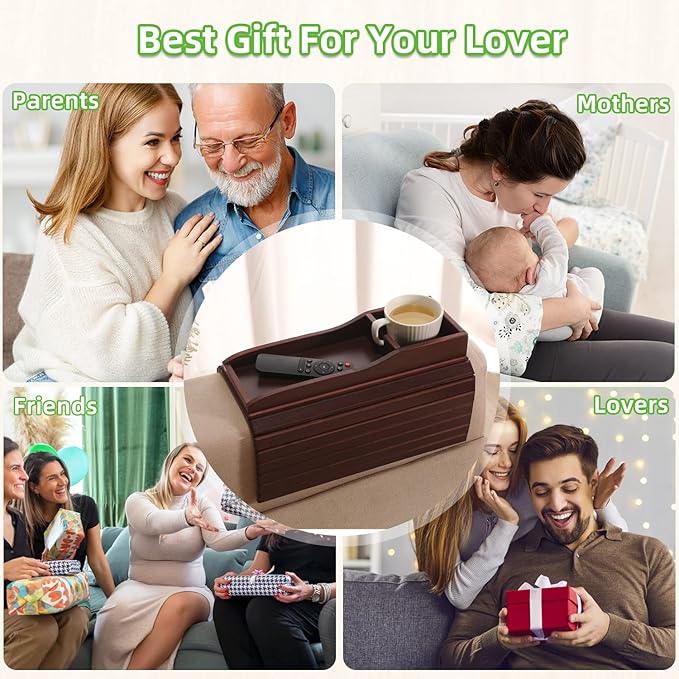 GEHE Couch Cup Holder, Anti Falling Sofa Arm Tray, Natural Bamboo Sofa Cup Holder More Safe for You Family, Portable Couch Arm Tray Armrest Table for Remote, Snacks, Phone, Drinks
