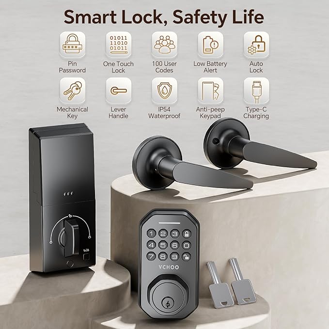 Keyless Entry Door Lock Set Smart Locks for Front Keypad Door Lock with Handle Automatic Lock One Time Password Anti Peeping Password IP54, Black