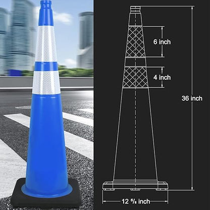 6 Pack 36" Large-Sized PVC Traffic Cones with Heavy-Duty Black Base, Garage Parking Lot Cones Structurally Stable Weatherproof Road Construction Safety Cones (6, Blue, 36" Extra Large)