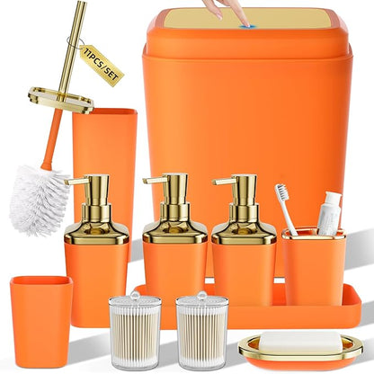 Bathroom Accessory Set, 11PC Bathroom Set, Orange Bathroom Accessories, Bathroom Accessories Set with Trash Can, 3PC Soap Dispensers and Toilet Brush