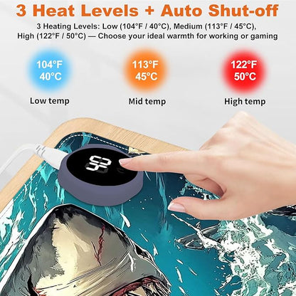 Heated Mouse Pad for Desk 31.5" x 13" – PU Leather Warm Desk Pad with 3 Heat Levels (104°F/113°F/122°F), Plug-in Electric Heating Mat with Auto Shut-Off, Waterproof & Rollable, Angry Shark