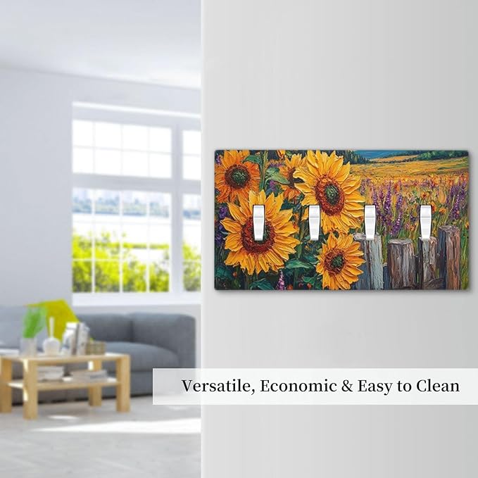 Decorative Light Switch Cover Plate Rustic Wilderness Sunflower Lavender Muzha Oil Painting 4 Gang Wall Plate Oversized Quad Toggle Switch Cover Plate Jumbo Faceplate