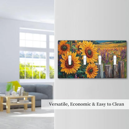 Decorative Light Switch Cover Plate Rustic Wilderness Sunflower Lavender Muzha Oil Painting 4 Gang Wall Plate Oversized Quad Toggle Switch Cover Plate Jumbo Faceplate