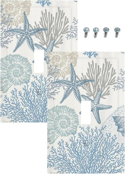 Decorative Light Switch Plate Covers Blue Starfish Coral Seaweed 1 Gang Light Switch Cover Plate Single Toggle Wall Plate Outlet Covers Faceplate for Bathroom Bedroom Decor （2 Pack）