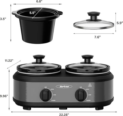 2 * 1.25 Quarts Dual Slow Cooker, Buffet Server & Warmer with 2 Removable Ceramic Pots, 3 Adjustable Temp Settings & 2 Visible Glass Lids, Stainless Steel, Grey