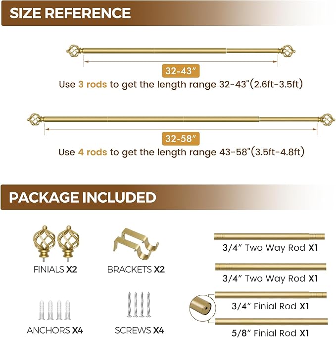 KAMANINA Gold Curtain Rod 32 to 58 Inch(2.6-4.8ft), Adjustable Curtain Rods for Windows 28 to 48 Inch, 3/4 Inch Splicing Drapery Rods with Twisted Cage Finial