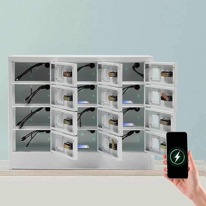 16-Unit Cellphone Charging Cabinet - Mobile Phone Charging Storage Cabinet, Combination Lock Smartphone Lockbox with QC3.0 Fast Charging & View Window for Classroom, Library, and Office (White)