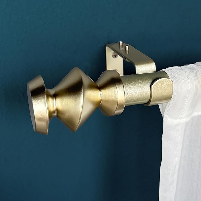 1-1/8 Inch Diameter Champagne Gold Curtain Rods with Modern Geometric Finials, 72-144'' Telescoping Single Curtain Rods for window width 68-140 inch, 1 pack