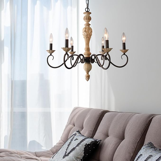 French Country Chandelier-Farmhouse Chandeliers for Dining Room 6 Lights Fixture Rust Imitation Wood Finish for Living Room, Bedroom, Kitchen, Stairway, Bathroom (Dia 23.3”)