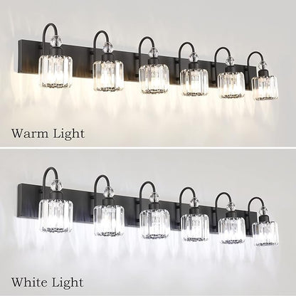 Ralbay Modern 6-Light Black Crystal Vanity Lights for Bathroom - Matte Black Crystal Wall Light Fixtures