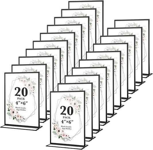 20 Pack Acrylic Sign Holders 4x6 Inch, Double Sided Vertical Stand Clear Picture Frames, Wedding Table Numbers Frames for Party, Restaurant Signs and Office Photos