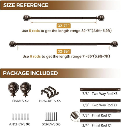 KAMANINA Curtain Rods for Windows 48 to 84 Inch, Antique Bronze Heavy Duty Curtain Rod Adjustable, 7/8 Inch Single Decorative Drapery Rod 32 to 86 Inch(2.6-7.1Ft), Netted Texture End
