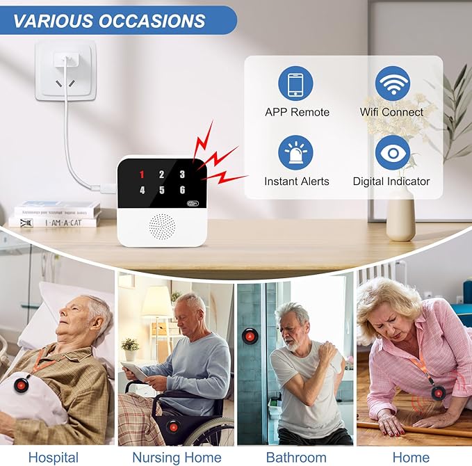 WiFi Caregiver Pager Wireless Call Button Life Alert Systems for Seniors No Monthly Fee with LED Number Display Alert Button for Elderly Patient Disabled 6 Button 1 Receiver(only Supports 2.4GHz WiFi)