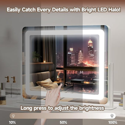 PRIMETEK Vanity Mirror with Lights, 22"x19" Large Makeup Mirror with Lights, Hollywood LED Lighted Makeup Mirror, Touch Sensor with 3-Color Lighting, Dimmable for Vanity Desk Tabletop, Bedroom, White