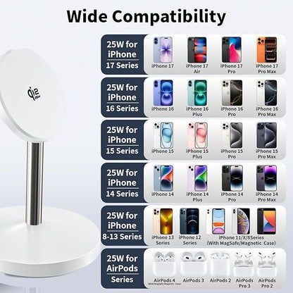 Magnetic Wireless Charger iPhone Stand,Qi2.2-Certified 25W Mag-Safe Charger Fast Charging Stand 35W USB C Adapter 6FT Cable Wireless Fast Charge Station for iPhone 17 Pro Max/17/16/15/14/13/12,AirPods