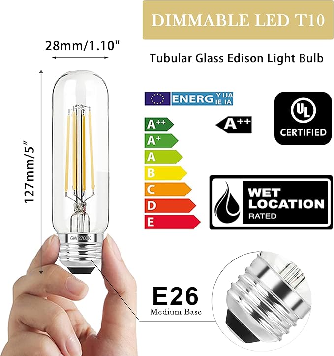 5 Inch Edison Bulb, 2700K Soft White E26 Led Bulb 6W Dimmable, 800LM T10/T9 Clear Glass Tubular Light Bulbs, AC 120V Equal 80 Watt Bulbs for Chandelier Pendant Wall Light - 4Pack