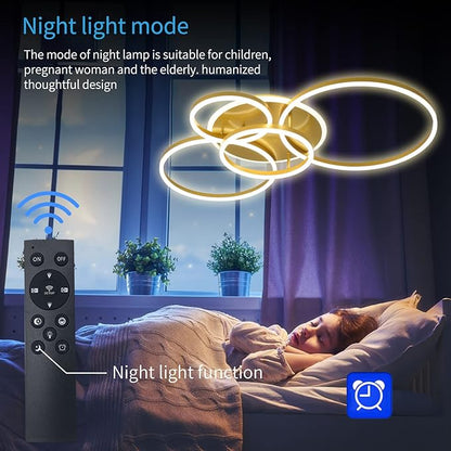Modern LED Ceiling Light 90W Dimmable Ceiling Light Fixture with Remote Control 5 Rings Flush Mount Ceiling Light Gold Acrylic Chandelier LED for Living Room Bedroom Kitchen Light fixtures(4+1G01)