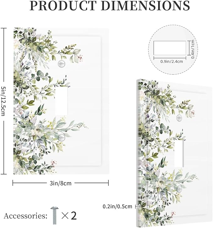 Decorative Light Switch Plate Covers Rustic Eucalyptus Leaves Green Leaf 1 Gang Light Switch Cover Plate Single Toggle Wall Plate Outlet Covers Faceplate for Home Decor （2 Pack）