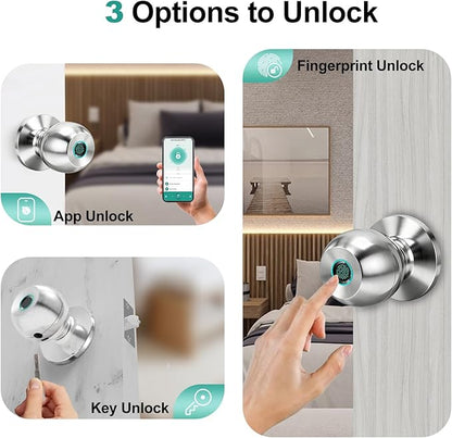 Fingerprint Door Lock, Smart Door Knob, Keyless Entry Door Lock with App Control, Thumbprint Door Knob with Backup Key, Suitable for Home, Bedroom, Apartments, Garage, Office - Sliver