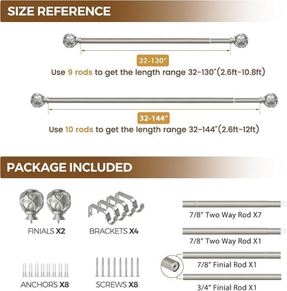 KAMANINA Silver Curtain Rods for Windows 72 to 144 Inches (6-12ft) Long Heavy Duty Curtain Rods, 7/8 Inch Adjustable Drapery Rods with Decorative Netted Texture Finials