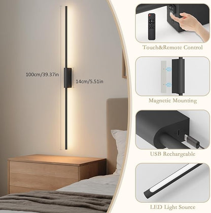 39.4In Battery Operated Wall Sconces Set of Two,12000mAh Wireless Rechargeable Sconces 3 Colors Dimmable with Remote for Living Room Bedroom