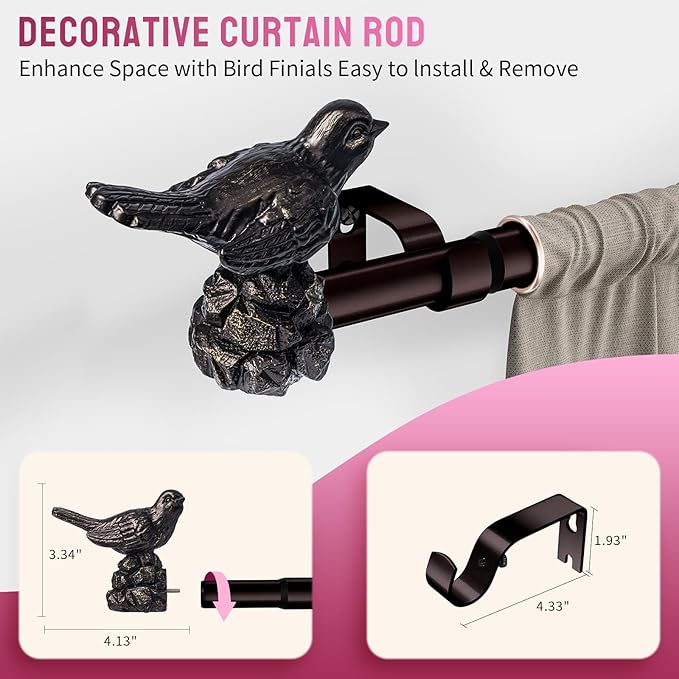Curtain Rods for Window 36 to 144 Inches Vintage Bronze Curtain Rod with Bird Finials Adjustable Drapery Rod Heavy Duty Curtains Rods for Living Room Kitchen Window