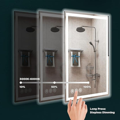 LED Bathroom Mirror 24"x 32" with Stepless Dimmable Wall Mirrors with Anti-Fog, Dimmable CRI>90, Vanity Mirror with 3 Color Modes, Shatter-Proof, Memory Bathroom Mirror with LED Lights