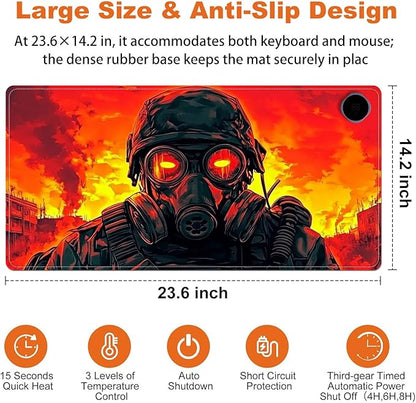 Small Heated Desk Pad 23.6" x 14.2" – Compact Electric Mouse Pad with 3 Heating Levels, Auto Shut-Off, Waterproof PU Surface, Plug-in Warmer for Office or Home Use, Mask Soldier
