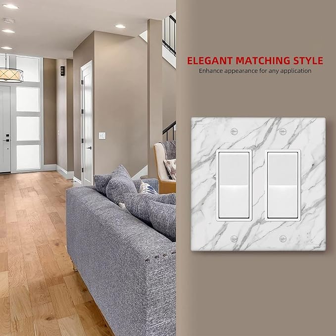 Decorative Outlet Covers Modern Grey Marble Texture 2 Gang Light Switch Cover Plate Double Rocker Wall Plates for Electrical Outlets Switch Plate Covers for Bedroom Kitchen Home Decor