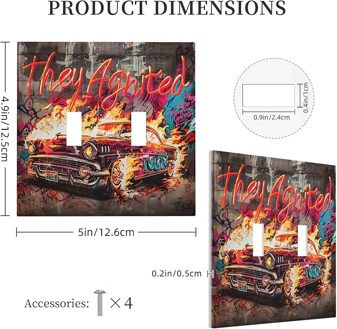 Decorative Switch Plates Hip Hop Street Graffiti Flame Car 2 Gang Double Toggle Outlet Light Switch Cover Wall Plate Electrical Faceplate for Bedroom living Room Decor