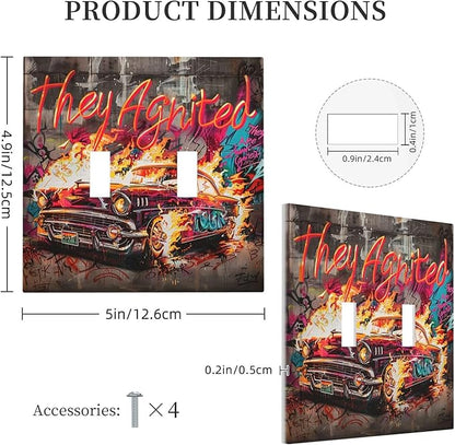 Decorative Switch Plates Hip Hop Street Graffiti Flame Car 2 Gang Double Toggle Outlet Light Switch Cover Wall Plate Electrical Faceplate for Bedroom living Room Decor