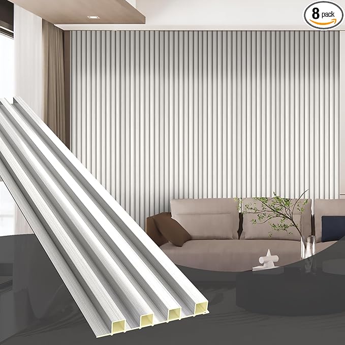 OUZUGIE WPC Acoustic Slat Wall Paneling, 8-Pack 96 x 6 Inches 3D Wall Panels for Interior Wall Decor,Living Room,TV Background,Study Room,Office Spaces,Bedroom,High Grille (Metallic Silver)