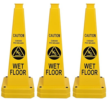 OrangeStar 6-Pack 28" Wet Floor Caution Cones, Yellow 4-Sided Bilingual Warning Message Safety Traffic Cones with Heavy Rubber Base for Indoor/Outdoor Use