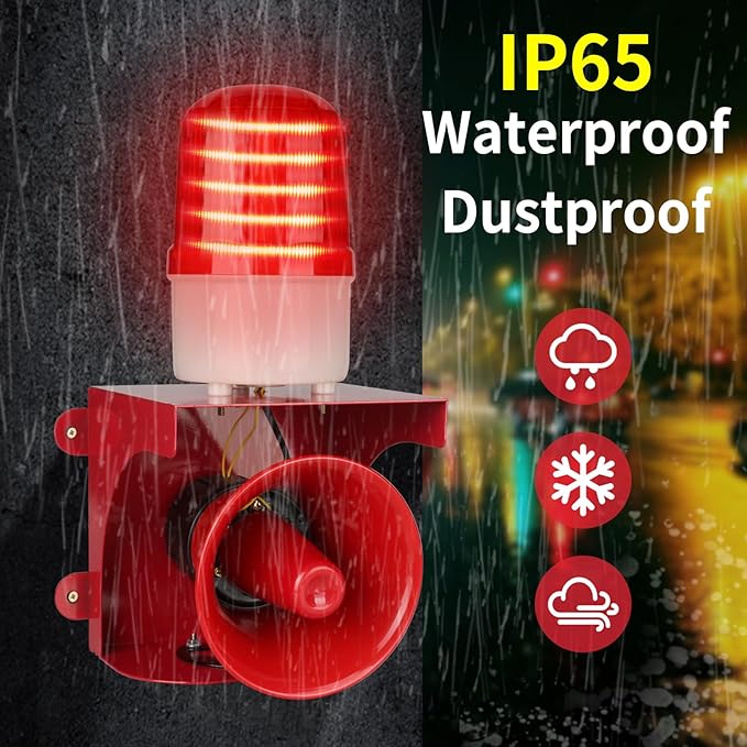 AC110V Industrial Siren Alarm Strobe Light-120dB Loud Horn&Red Beacon Warning Light,Waterproof Indoor/Outdoor Safety Alarm for Emergency,Factory,Office,Fires,Tornado,Intruders,Animal Deterrent