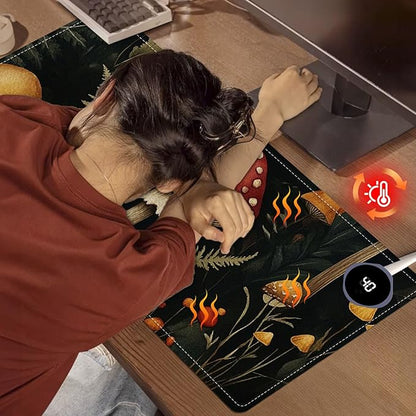Heated Mouse Pad 31.5x13 in 3-Temp Fast Heating Desk Mat with Auto Timer Warmer for Hands Wrist Pain Relief Waterproof Keyboard Mat for Office, Gaming, Home, Mushroom Forest