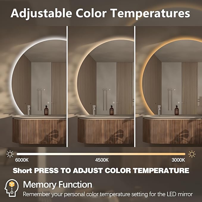 Niccy Half Moon LED Mirror for Bathroom, 28" Semi Backlit Frameless Makeup Mirror with Light, Anti-Fog, Shatter-Proof, 3 Colors, Smart Vanity Mirror