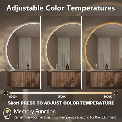 Niccy Half Moon LED Mirror for Bathroom, 28" Semi Backlit Frameless Makeup Mirror with Light, Anti-Fog, Shatter-Proof, 3 Colors, Smart Vanity Mirror