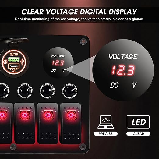 MKING 6 Gang Marine Switch Panel - Waterproof Rocker Switches with USB & Type-C Charger, Circuit Breaker, Digital Voltmeter, and Power Socket, Compatible with 12V-24V Vehicles